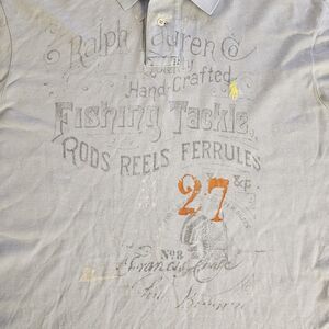 Vintage Polo Ralph Lauren Shirt Fishing Tackle Rods Reels Ferrules Blue Mens L